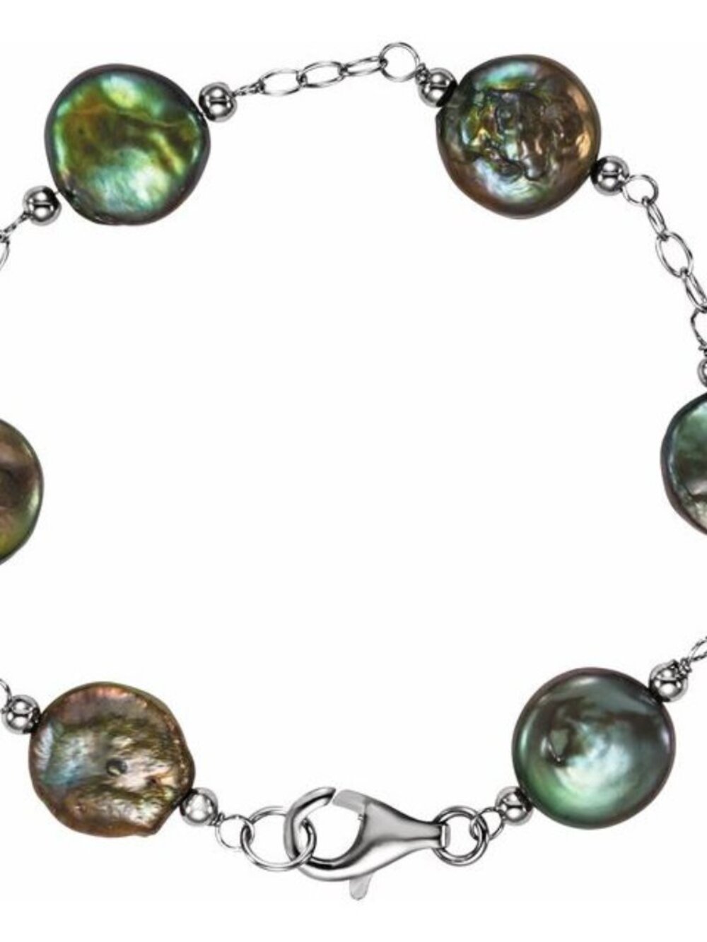Sterling Silver 12-13mm Black Freshwater Pearl Coin Station Bracelet 7.5in